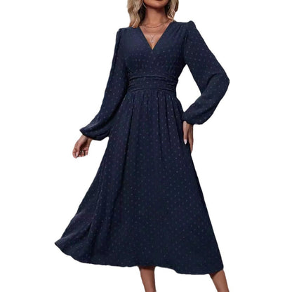 Autumn And Winter New Medium Hairball Diagonal Neck Lantern Sleeve Pleated Waist Dress