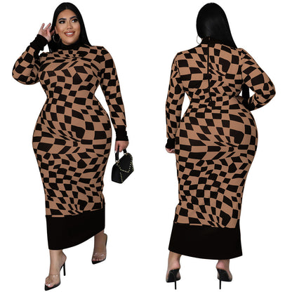 Checkered Print Long Sleeve Dress Elegant Style