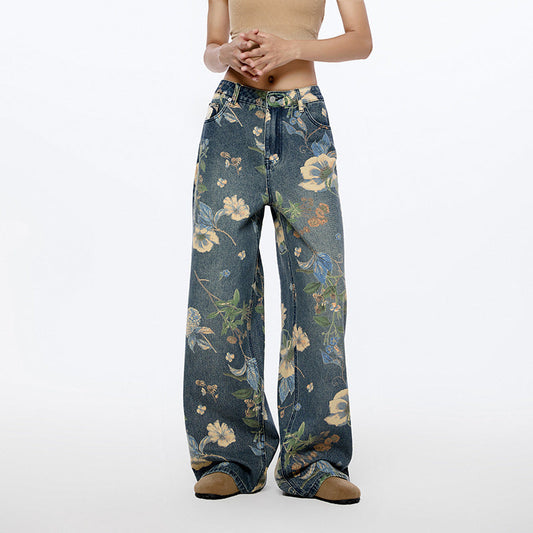 Flower Printed High Rise Wide Leg Baggy Jeans