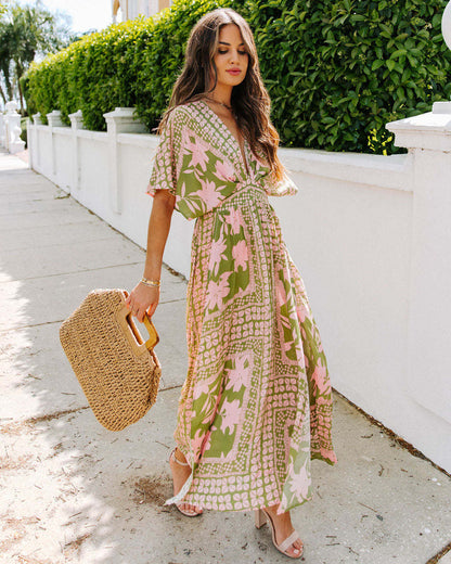 V-Neck Floral Print Side Split Dress