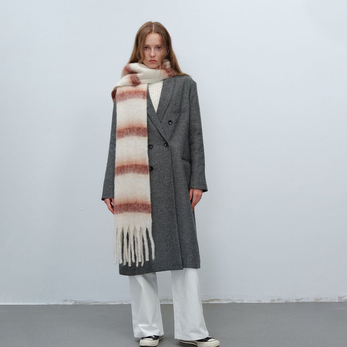 Color Block Striped Simple Tassel Knit Scarve