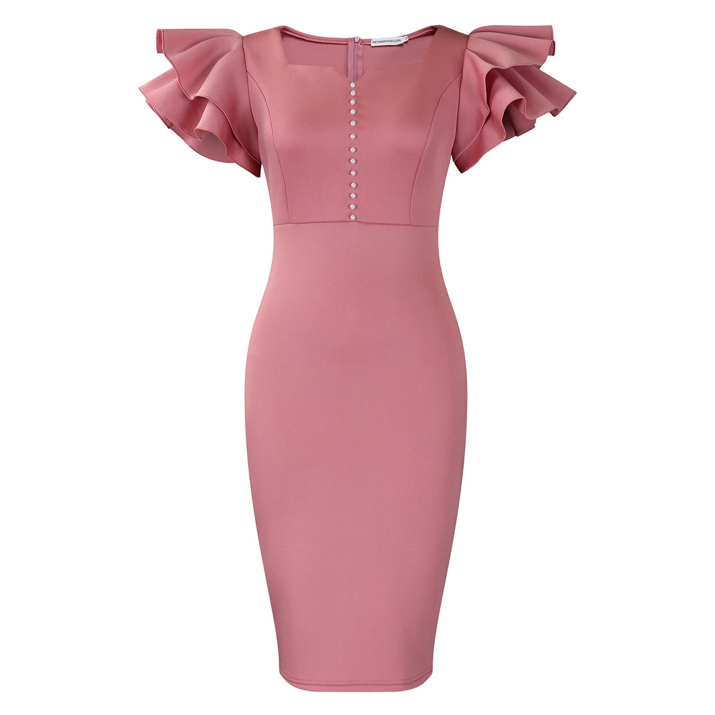Elegant V-Neck Pearl Detail Bodycon Dress