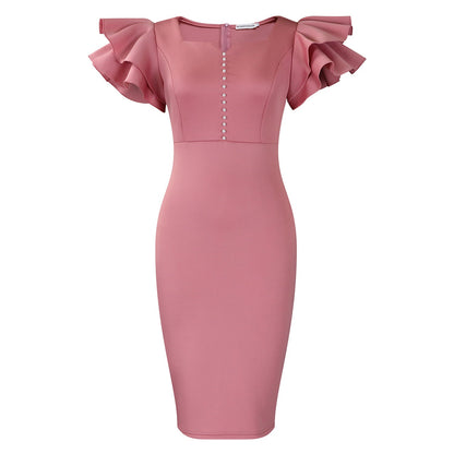 Elegant V-Neck Pearl Detail Bodycon Dress