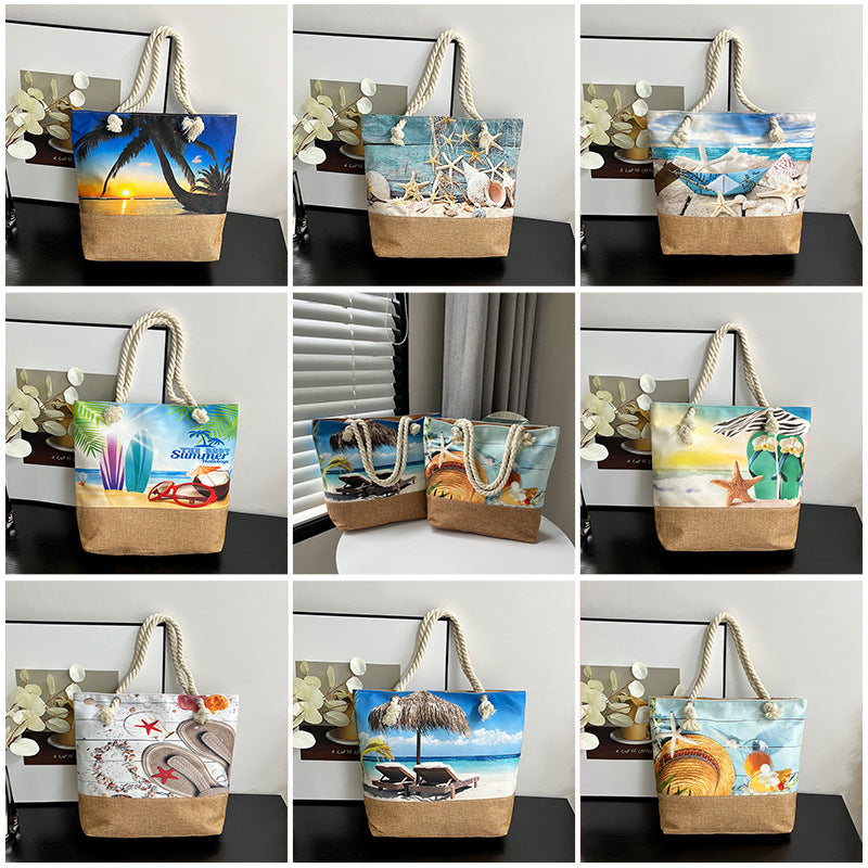 Large Capacity Digital Print Linen Beach Bag for Women