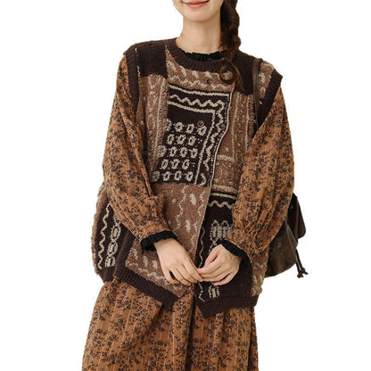 Retro Knitted Sleeveless Vest Geometric Pattern Cozy Top