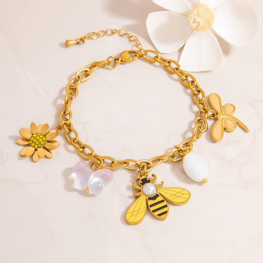 Stainless Steel Pearl Bracelet With Cherry And Bee Pendant
