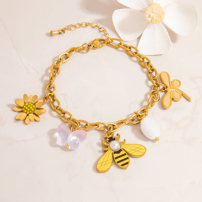 Stainless Steel Pearl Bracelet With Cherry And Bee Pendant