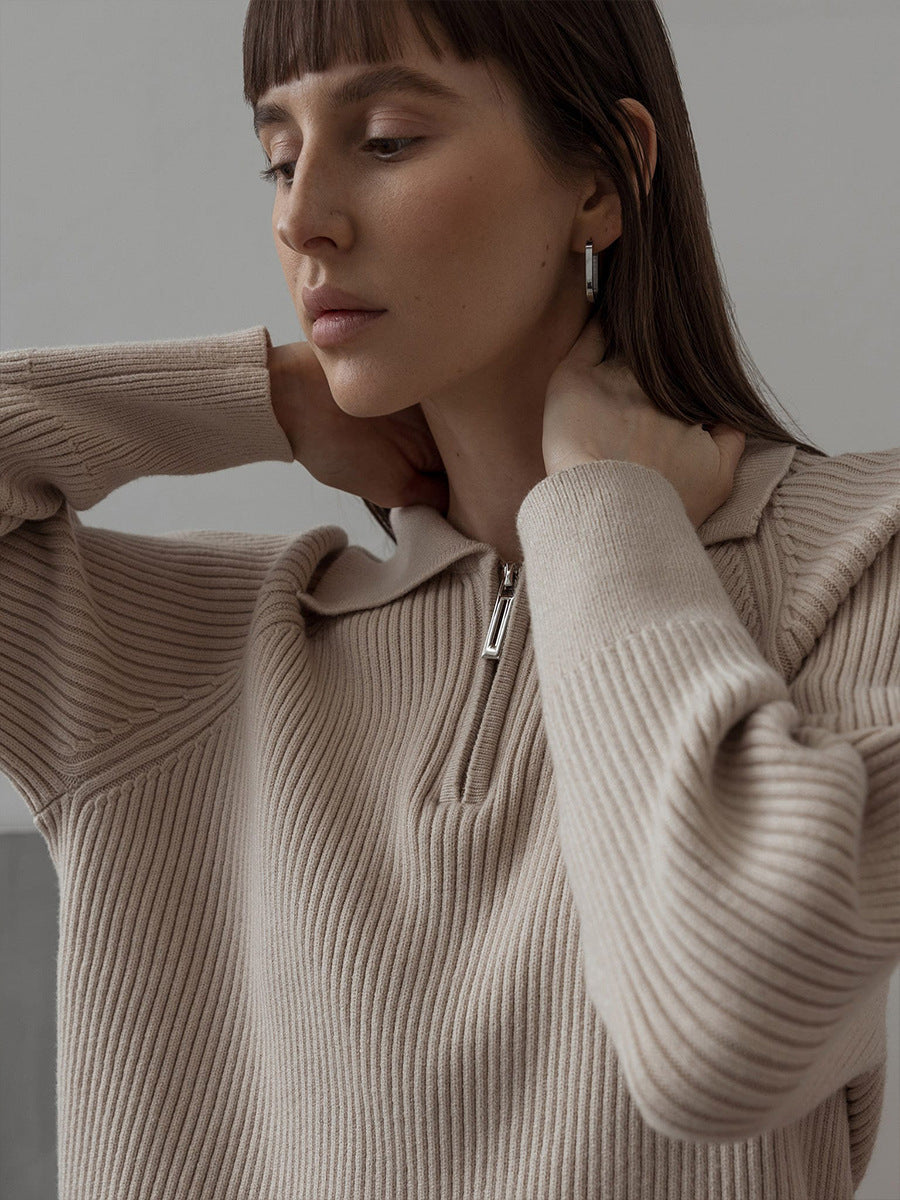 Solid Color Zipper Sweater Loose Knit Sweater