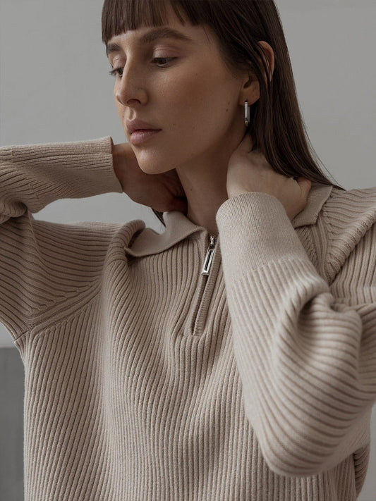 Solid Color Zipper Sweater Loose Knit Sweater