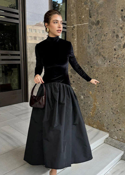Velvet And Taffeta Maxi Dress With High Neck