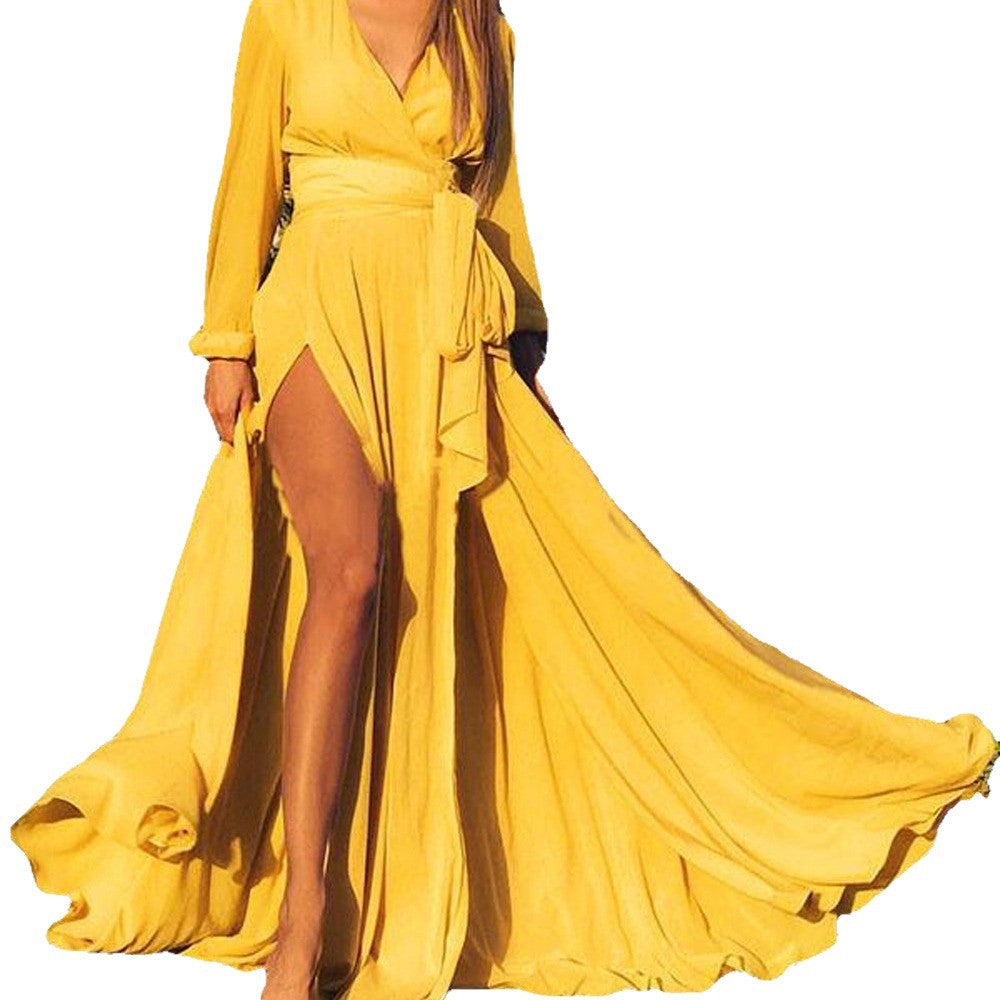 Bohemian Deep V-Neck Maxi Dress with High Waist and Flare