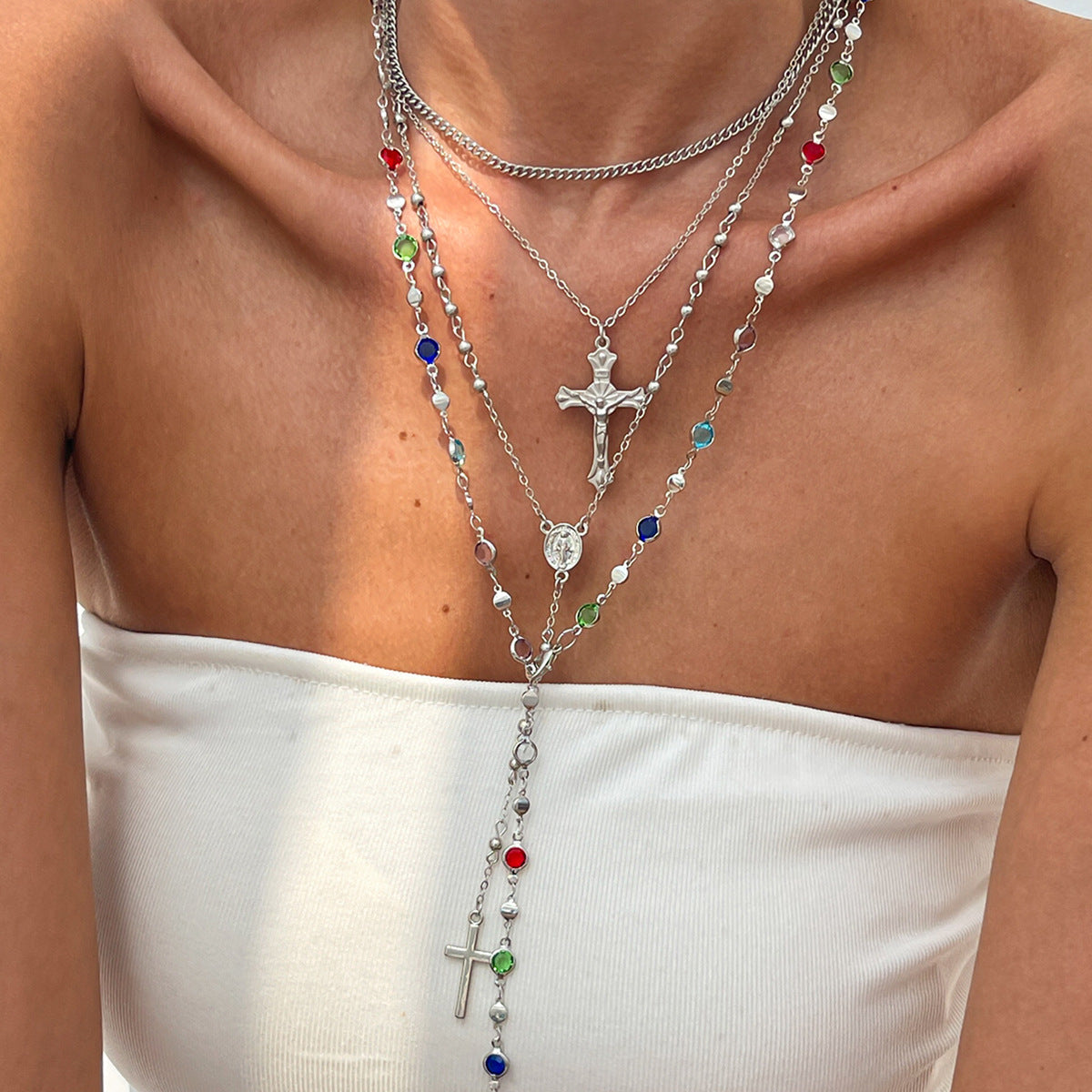 Hip Hop Cross Pendant Necklace With Imitation Pearl Chain