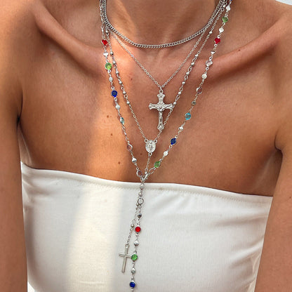 Hip Hop Cross Pendant Necklace With Imitation Pearl Chain