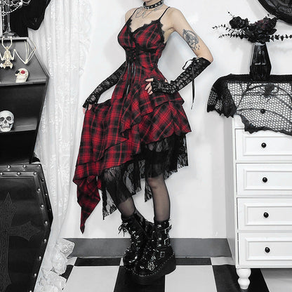 Dark V- Neck Strappy Dress with Asymmetrical Hem