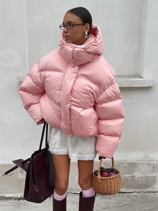 Pink Hooded Puffer Jacket Warm Thick Casual Outerwear