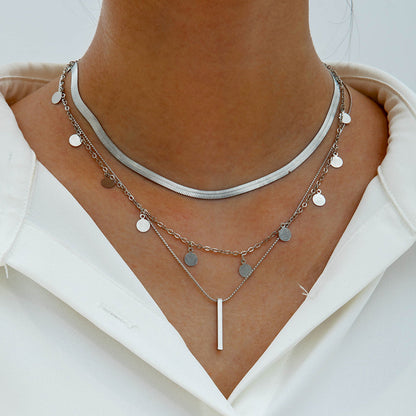 Geometric Layered Necklace With Tassel Pendant For Women