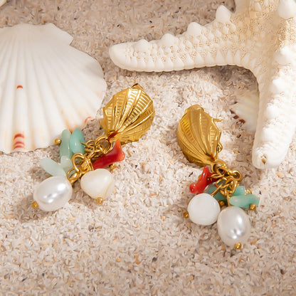 Shell Inspired Geometric Stainless Steel Pearl Earrings for Elegant Casual Wear