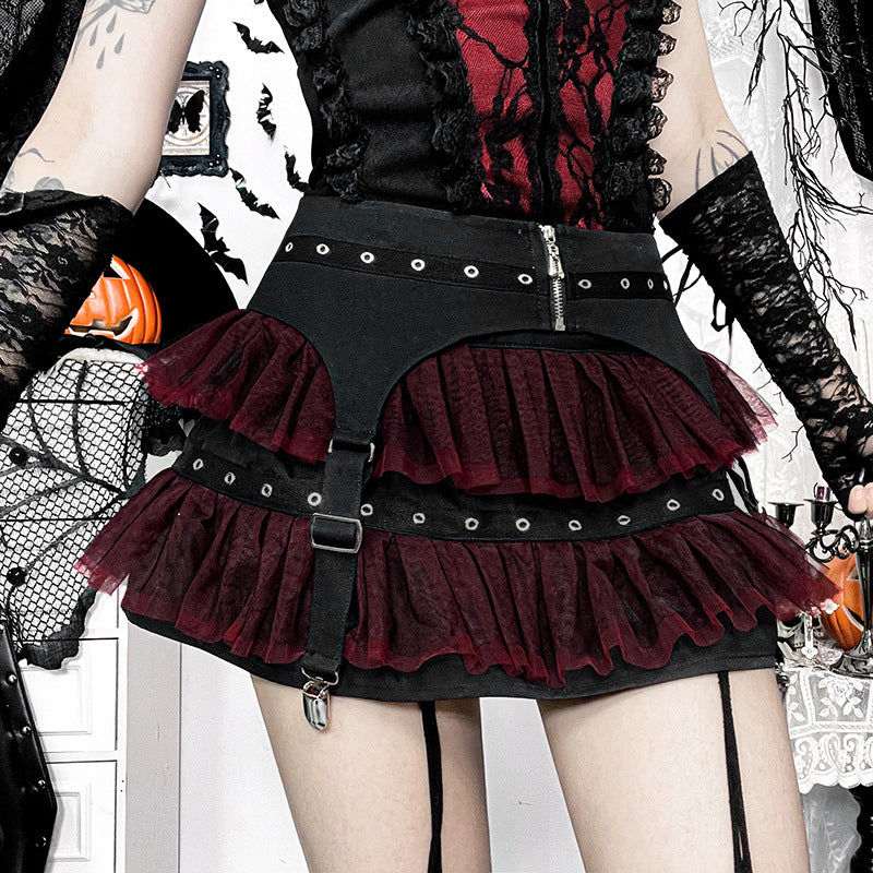 Black And Red Patchwork Tulle Midi Skirt For Women