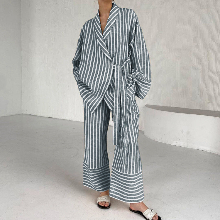 Fashionable Striped Long Sleeve Loose Tie Top & High Waist Pants Set