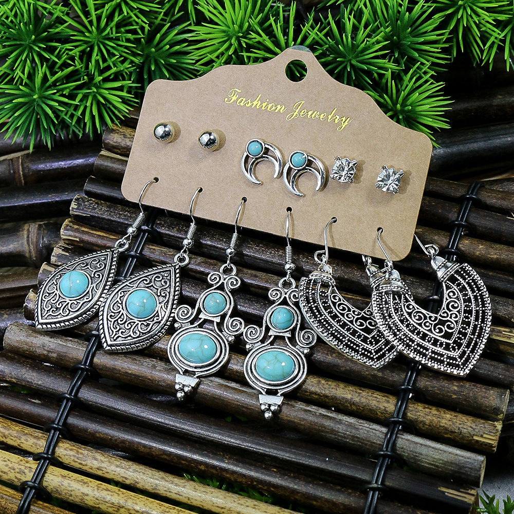 Vintage Lantern Flower Long Earrings Turquoise Boho Jewelry Set