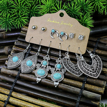 Vintage Lantern Flower Long Earrings Turquoise Boho Jewelry Set