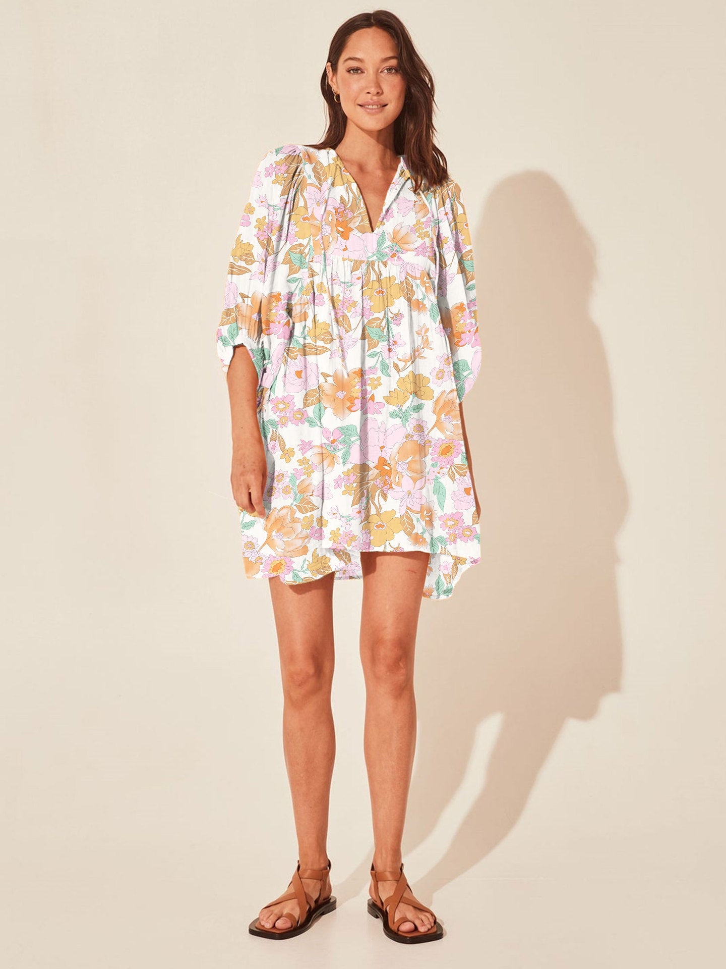 Floral Print Casual Dress with Tie Waist and Half Placket