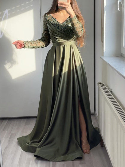 Lace A-Line Long Dress In Black And Dark Green