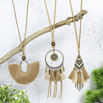 Bohemian Long Pendant Necklace with Tassels and Floral Design