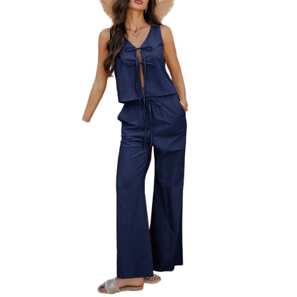 Casual Sleeveless Top and Wide Leg Pants Set