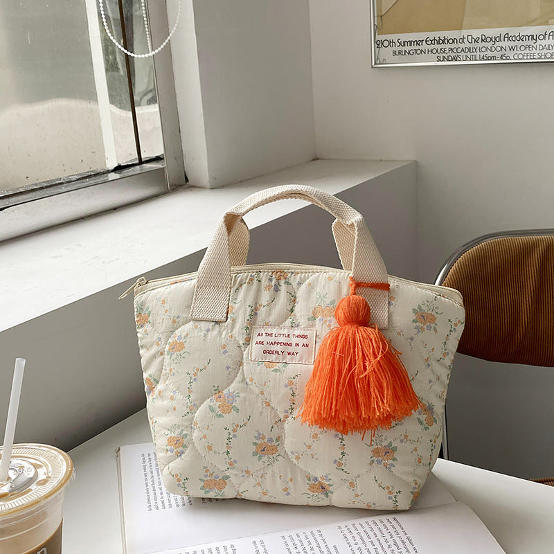 Quilted Insulated Lunch Bag Floral Design Cotton Tote