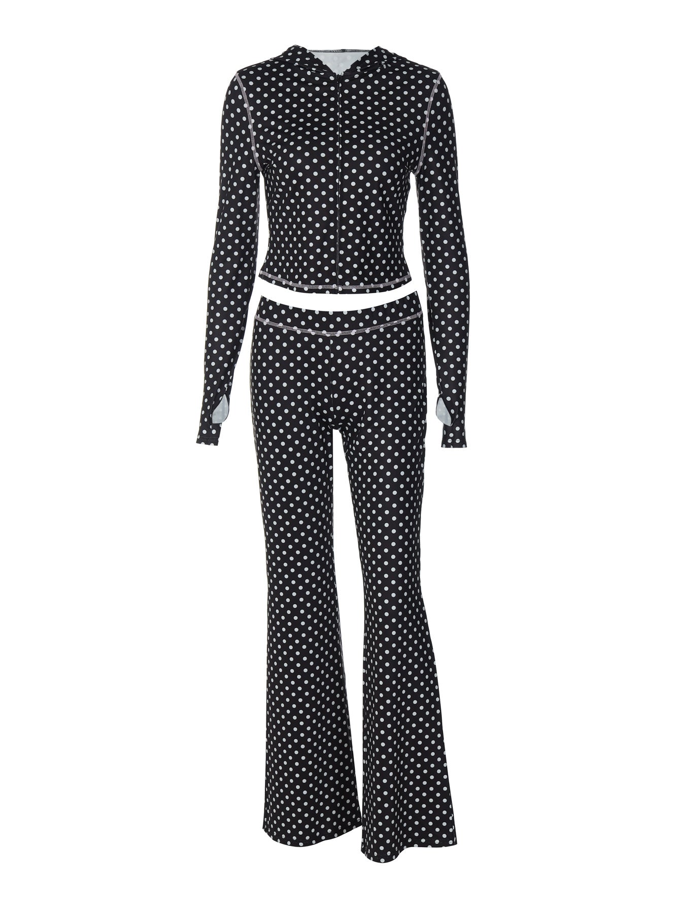 Trendy Polka Dot Hooded Cardigan and Color Block Pants Set