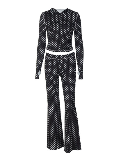 Trendy Polka Dot Hooded Cardigan and Color Block Pants Set