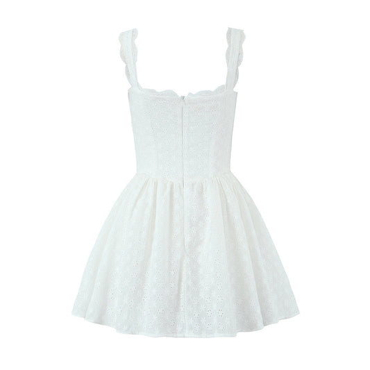 Sweet Lace Trim Straps Puff Mini Dress