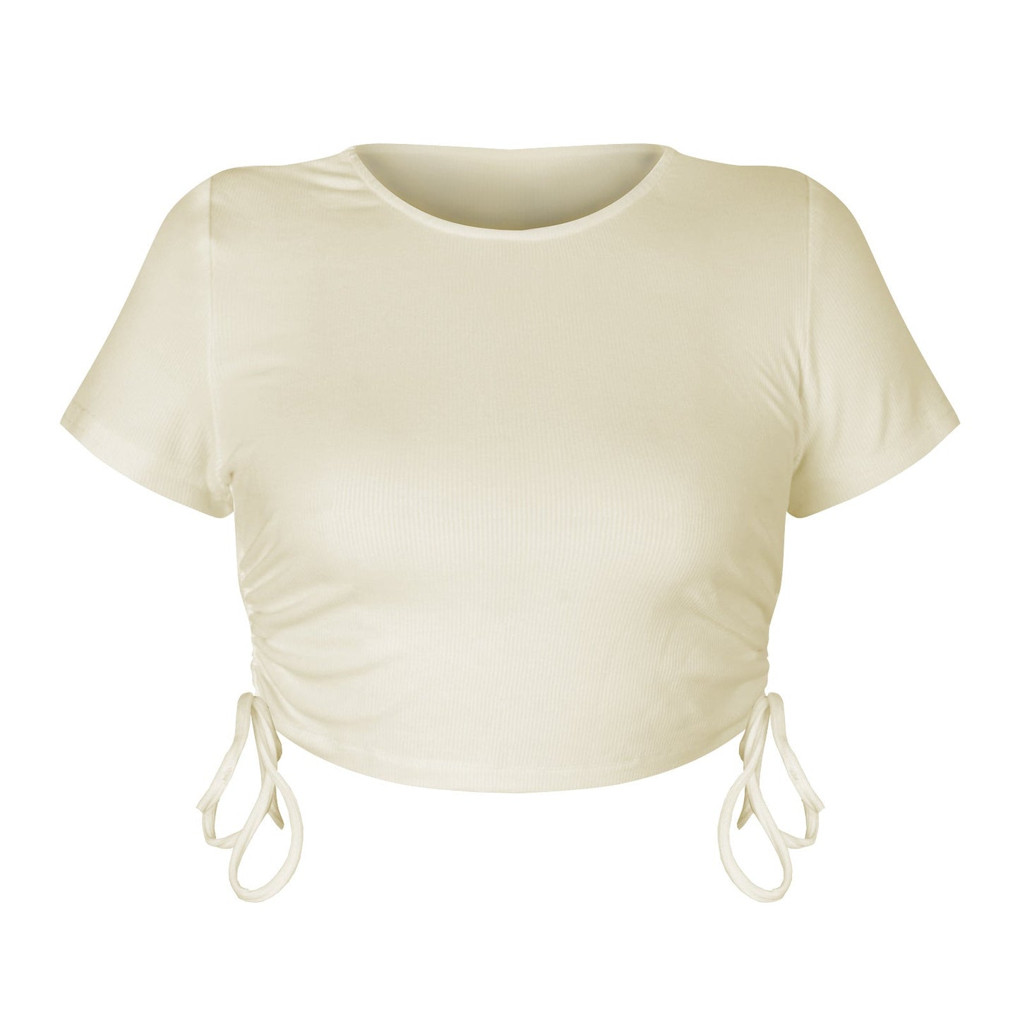 Cropped Drawstring Casual T-Shirt with Ribbed Fabric