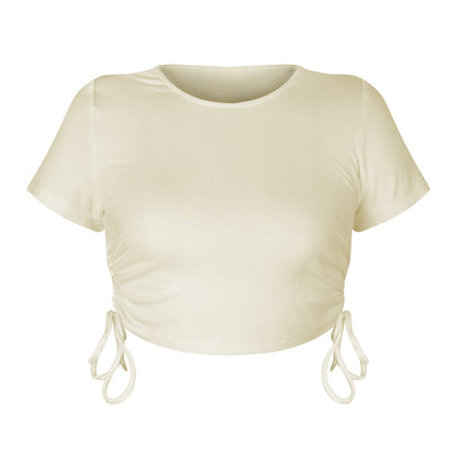 Cropped Drawstring Casual T-Shirt with Ribbed Fabric