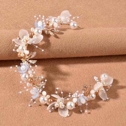 Bridal Pearl Flower Headband with Gold Leaf Accents