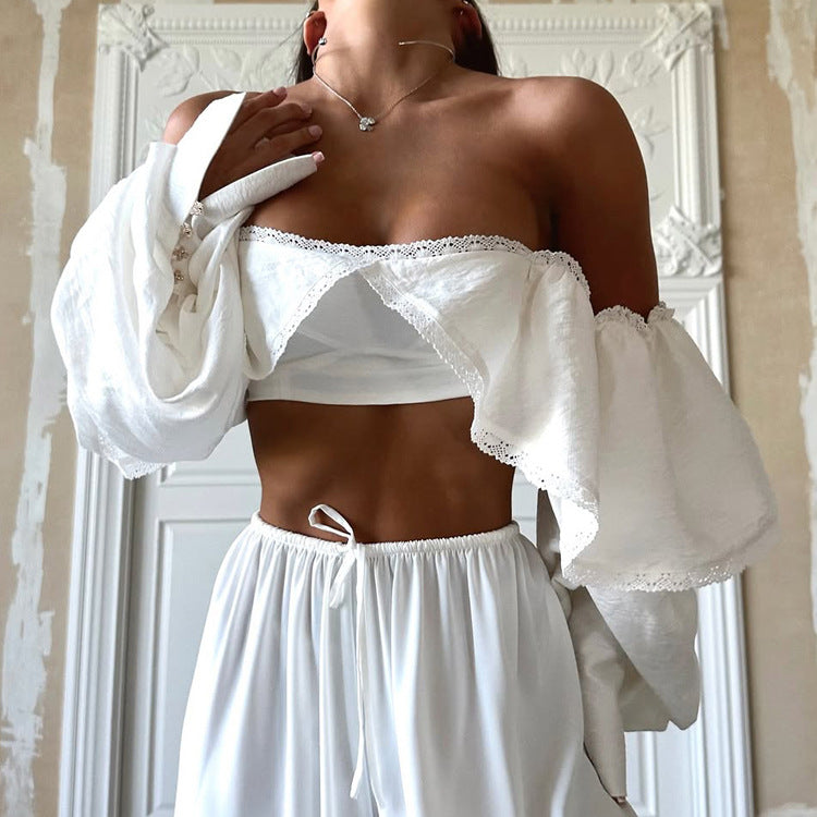 French Style Short Sleeve Lace Trimmed Blouse