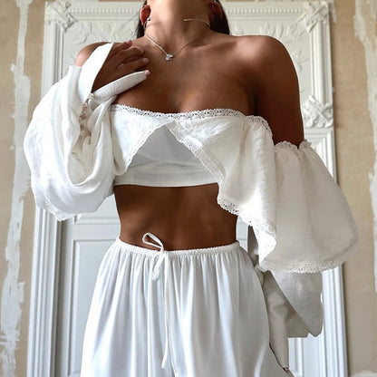 French Style Short Sleeve Lace Trimmed Blouse