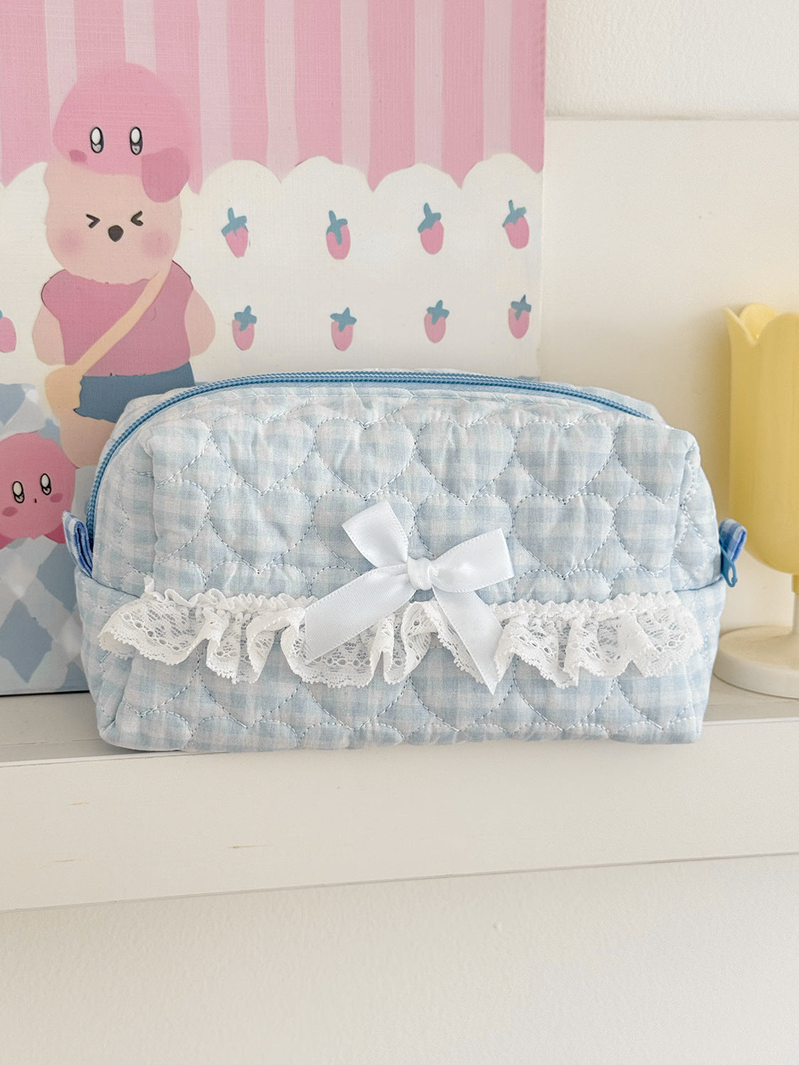 Pastel Blue Plaid Lace Makeup Bag Stylish Quilted Storage