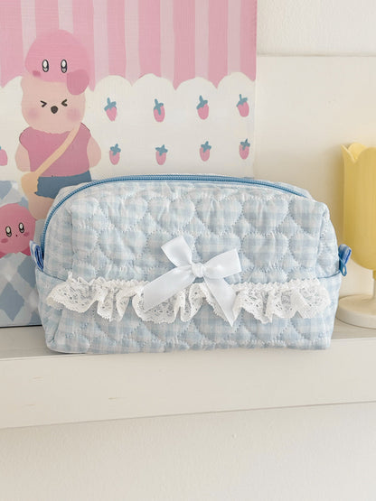 Pastel Blue Plaid Lace Makeup Bag Stylish Quilted Storage