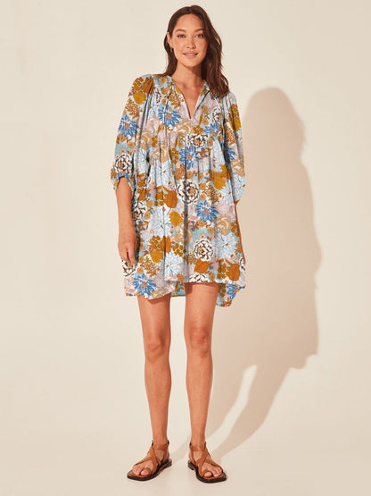 Floral Print Casual Dress with Tie Waist and Half Placket