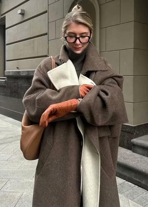 Long Woolen Coat Brown Classic Lapel Design