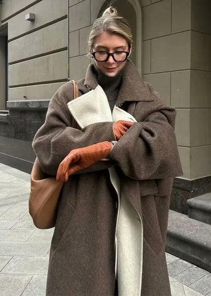 Long Woolen Coat Brown Classic Lapel Design