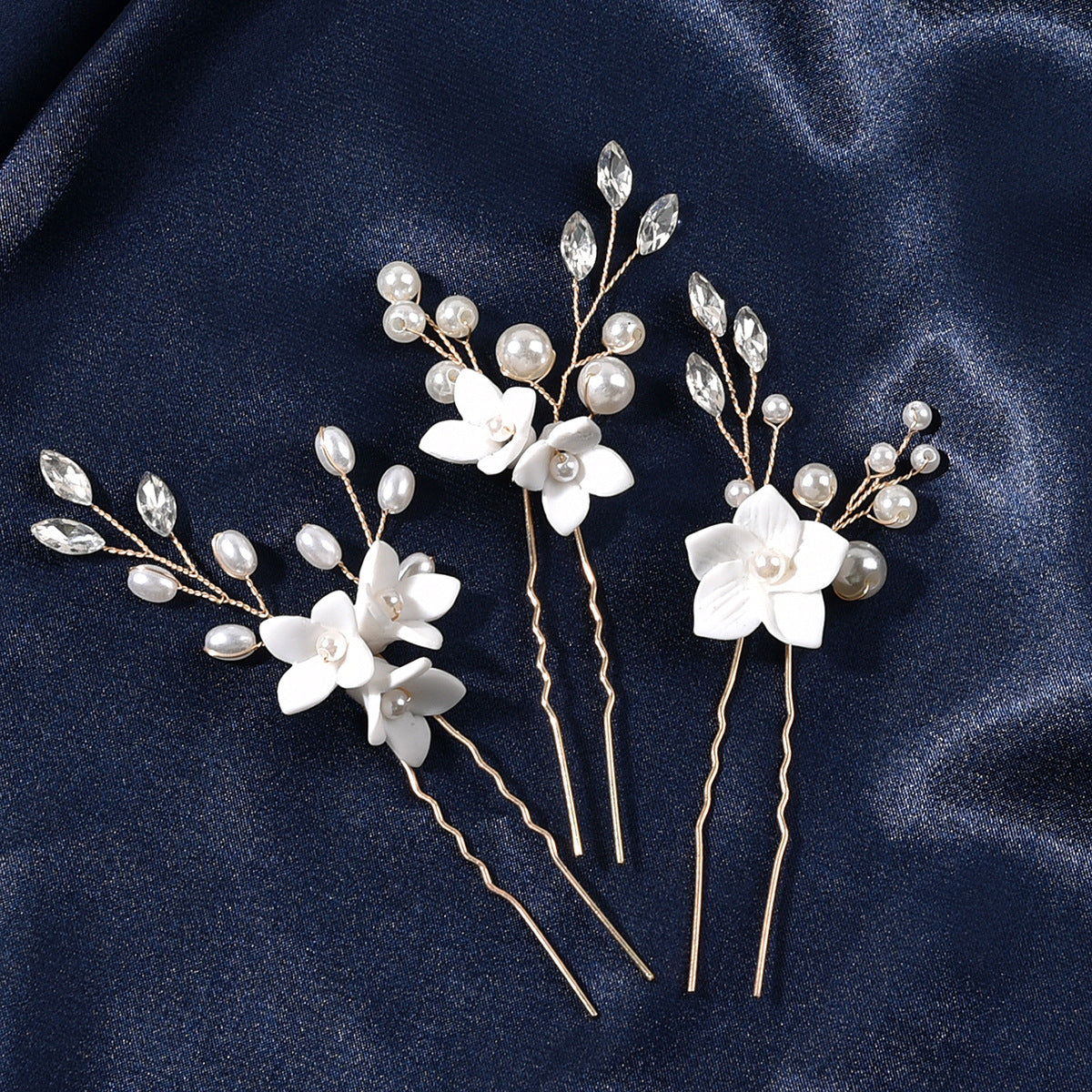 Bridal Wedding Hair Accessories Set of 3 White Floral U-Shaped Hair Pins