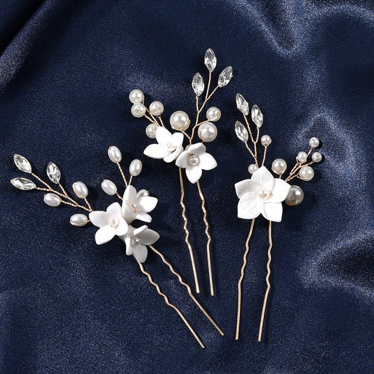 Bridal Wedding Hair Accessories Set of 3 White Floral U-Shaped Hair Pins