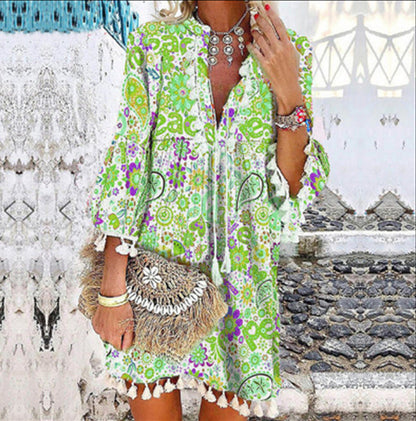 Printed V-Neck Pullover Fringed Ruffled Sleeve Dress
