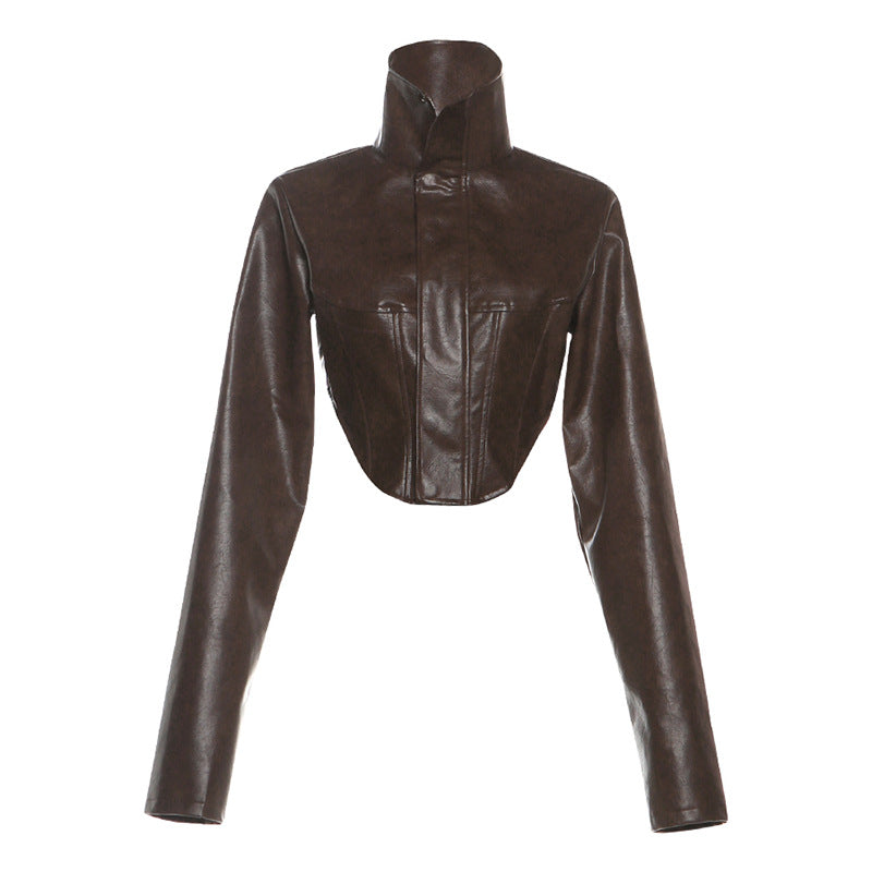 High Neck Zipper Short Pu Leather Jacket For Women