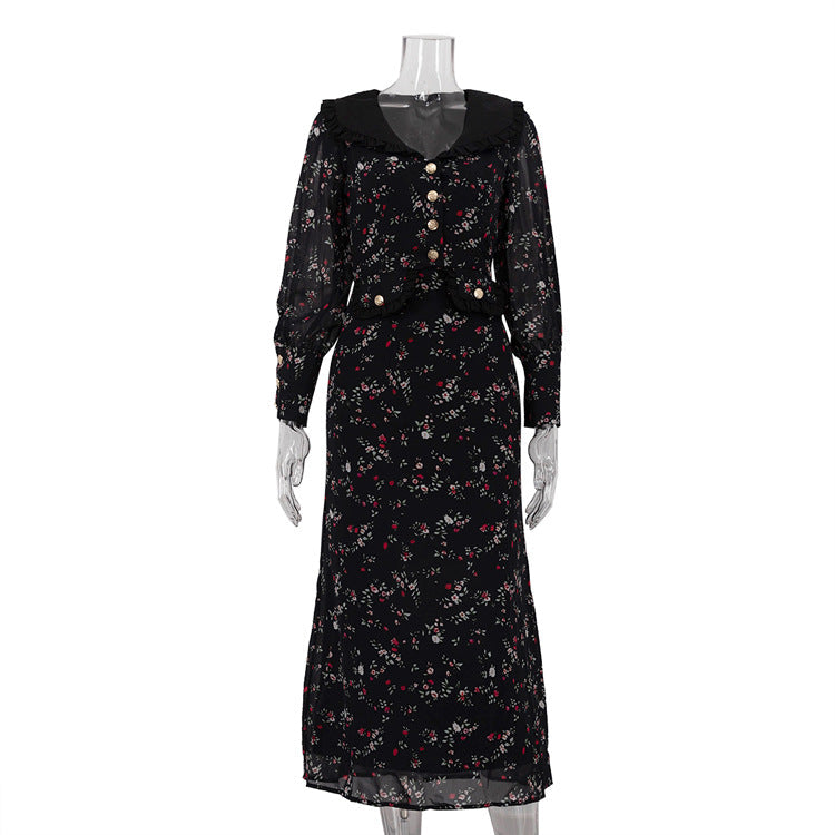 Elegant Floral Print Long Sleeve A-Line Dress