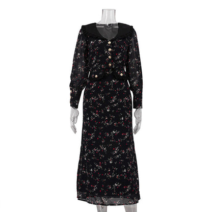 Elegant Floral Print Long Sleeve A-Line Dress
