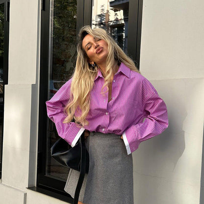 Color Block Striped Long Sleeve Shirt for Women